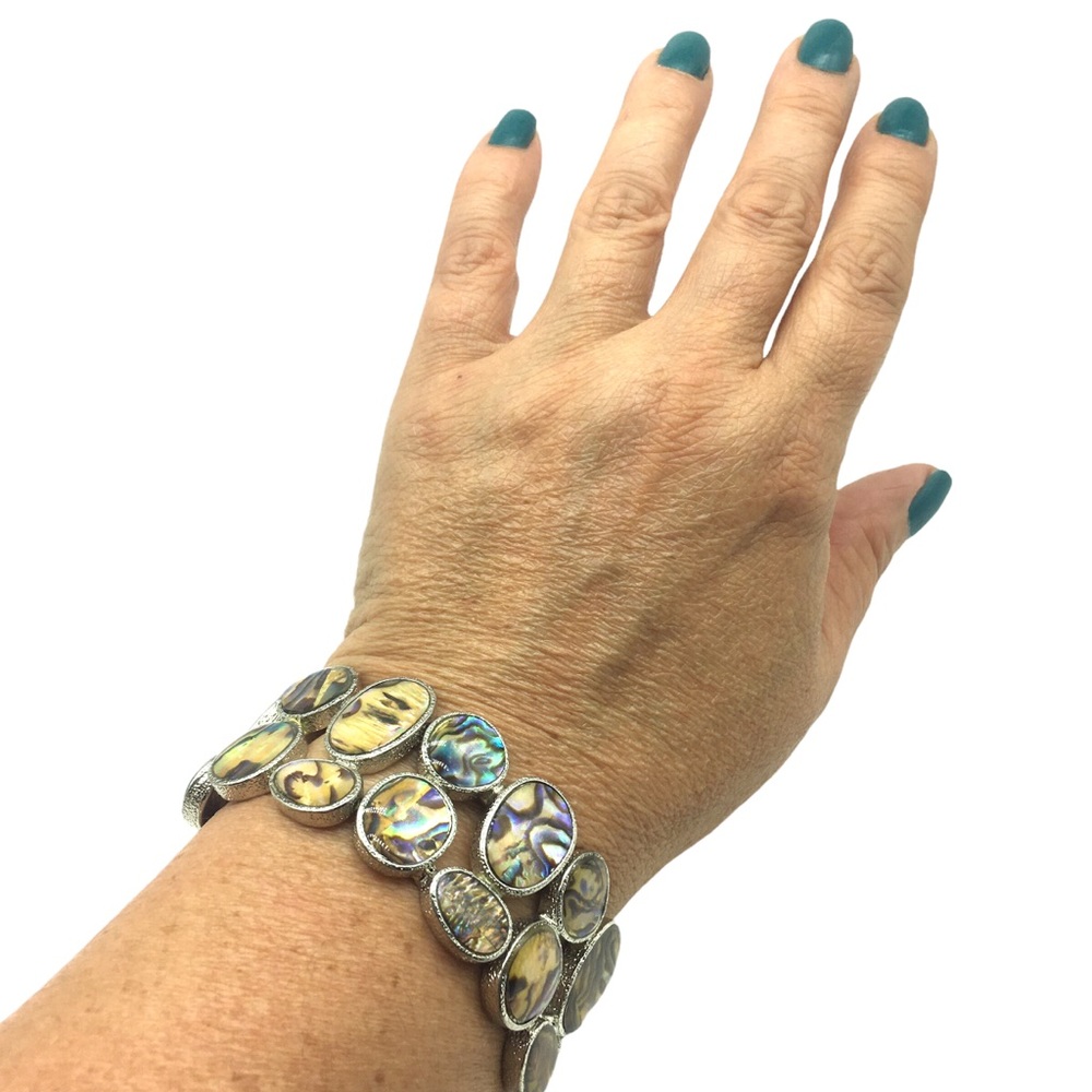 Beautiful Cuff Stretch Iridescent Shell Silver St… - image 2